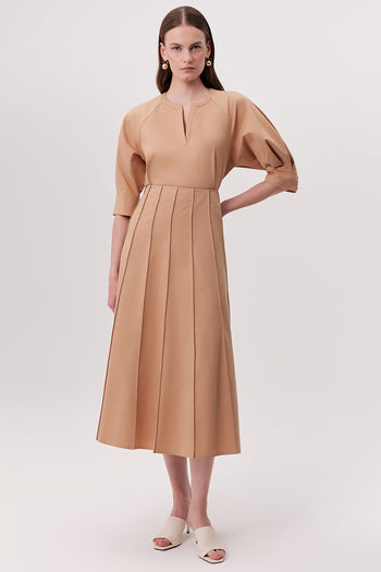 Bele Oturan Çok Parçalı Kloş Midi Camel Etek