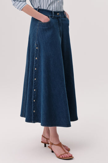 Yüksek Bel Çıt Çıt Detaylı Cepli Fermuarlı Regular Denim İndigo Etek