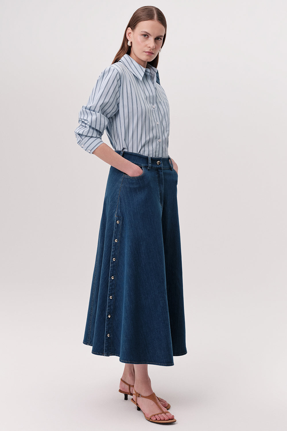 Yüksek Bel Çıt Çıt Detaylı Cepli Fermuarlı Regular Denim İndigo Etek