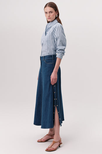 Yüksek Bel Çıt Çıt Detaylı Cepli Fermuarlı Regular Denim İndigo Etek