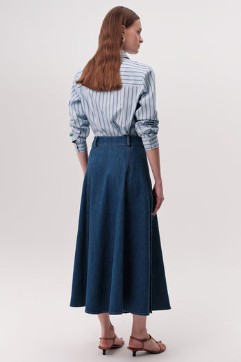 Yüksek Bel Çıt Çıt Detaylı Cepli Fermuarlı Regular Denim İndigo Etek