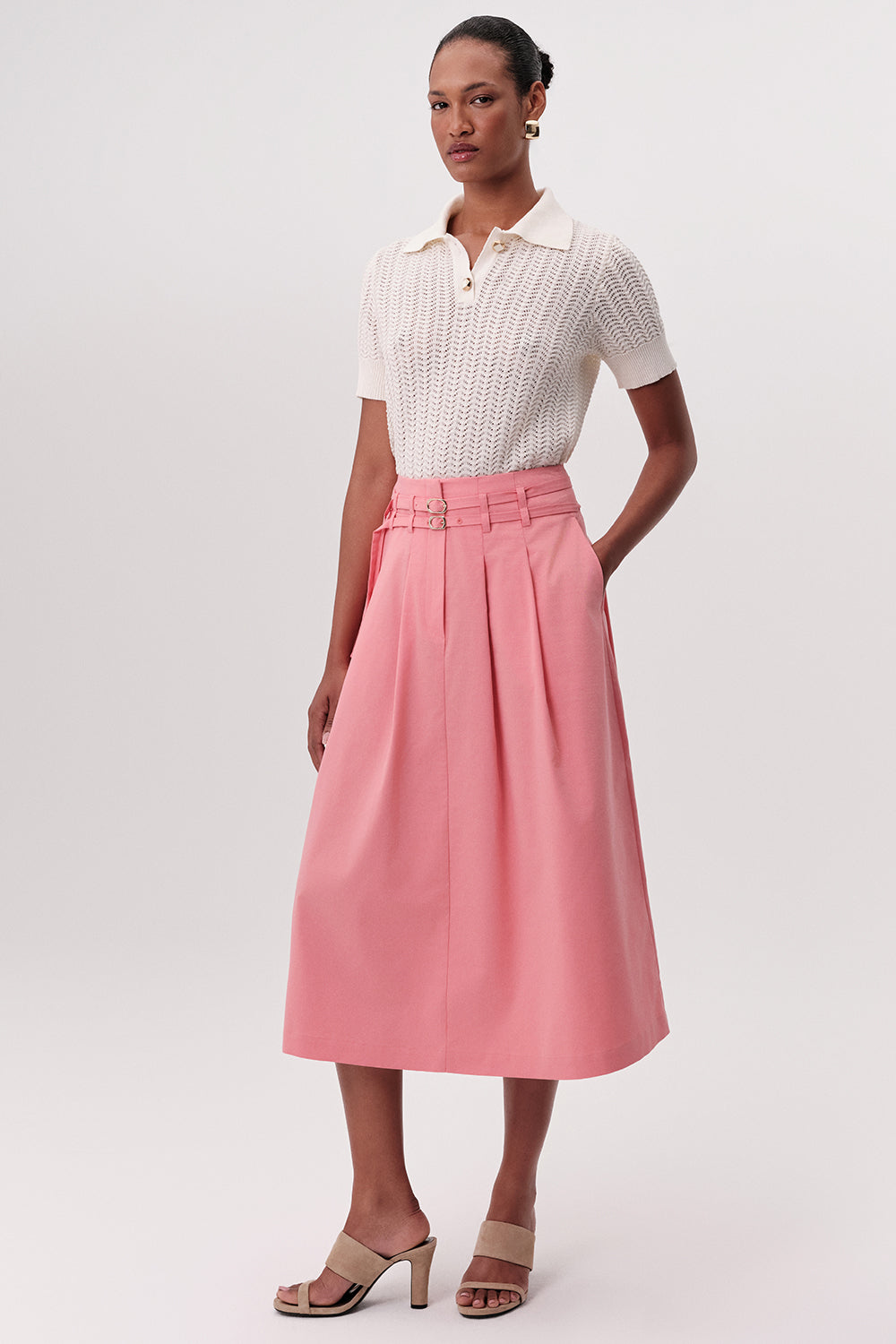Beli Kemerli Yüksek Bel Pileli Cepli Midi Pembe Etek