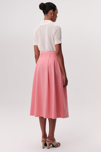 Beli Kemerli Yüksek Bel Pileli Cepli Midi Pembe Etek