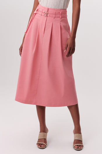 Beli Kemerli Yüksek Bel Pileli Cepli Midi Pembe Etek