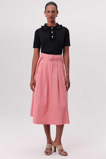 Beli Kemerli Yüksek Bel Pileli Cepli Midi Pembe Etek