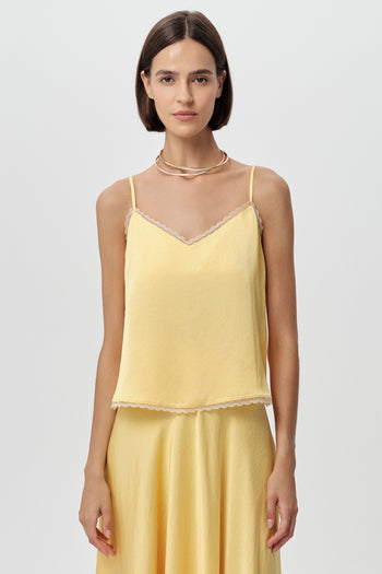 Dantel Şeritli İp Askılı Regular Saten Sarı Bluz