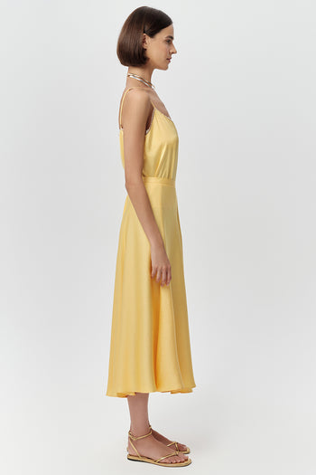 Yandan Fermuarlı Kloş Bele Oturan Midi Dokuma Sarı Etek