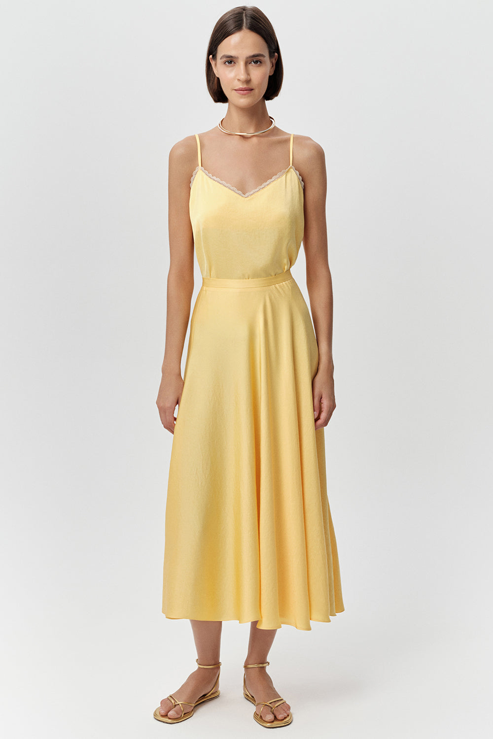 Dantel Şeritli İp Askılı Regular Saten Sarı Bluz