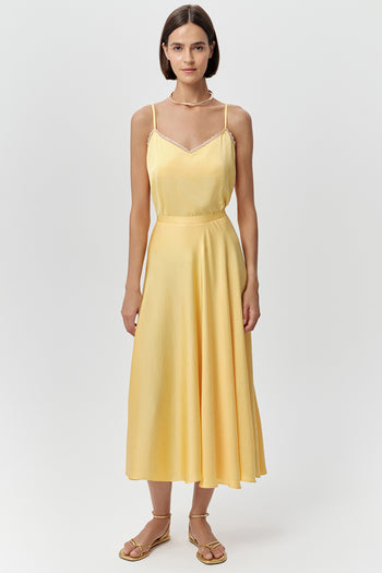 Yandan Fermuarlı Kloş Bele Oturan Midi Dokuma Sarı Etek