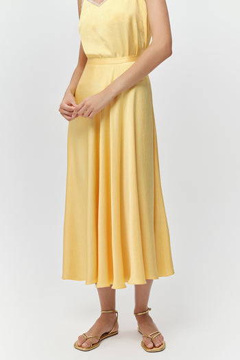 Yandan Fermuarlı Kloş Bele Oturan Midi Dokuma Sarı Etek