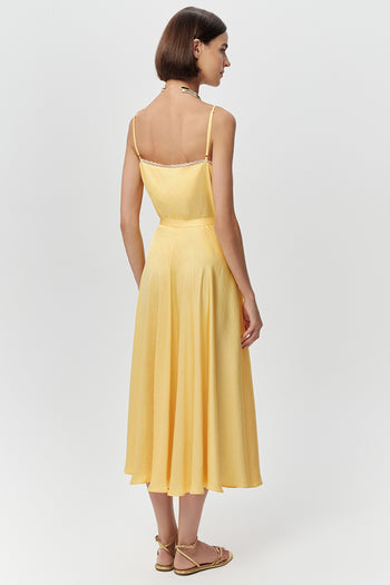 Yandan Fermuarlı Kloş Bele Oturan Midi Dokuma Sarı Etek