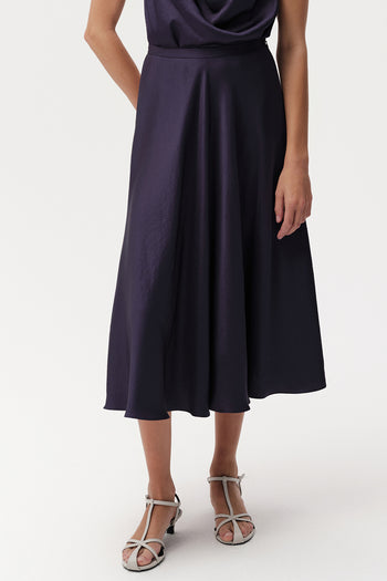 Fermuarlı Regular Kloş Midi Lacivert Etek