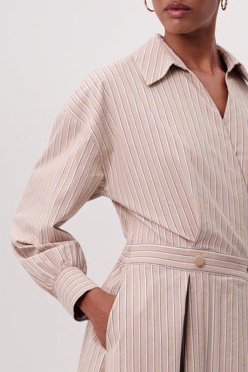 Kruvaze Yaka Beli Lastikli Cepli Regular Midi Çok Renkli Elbise