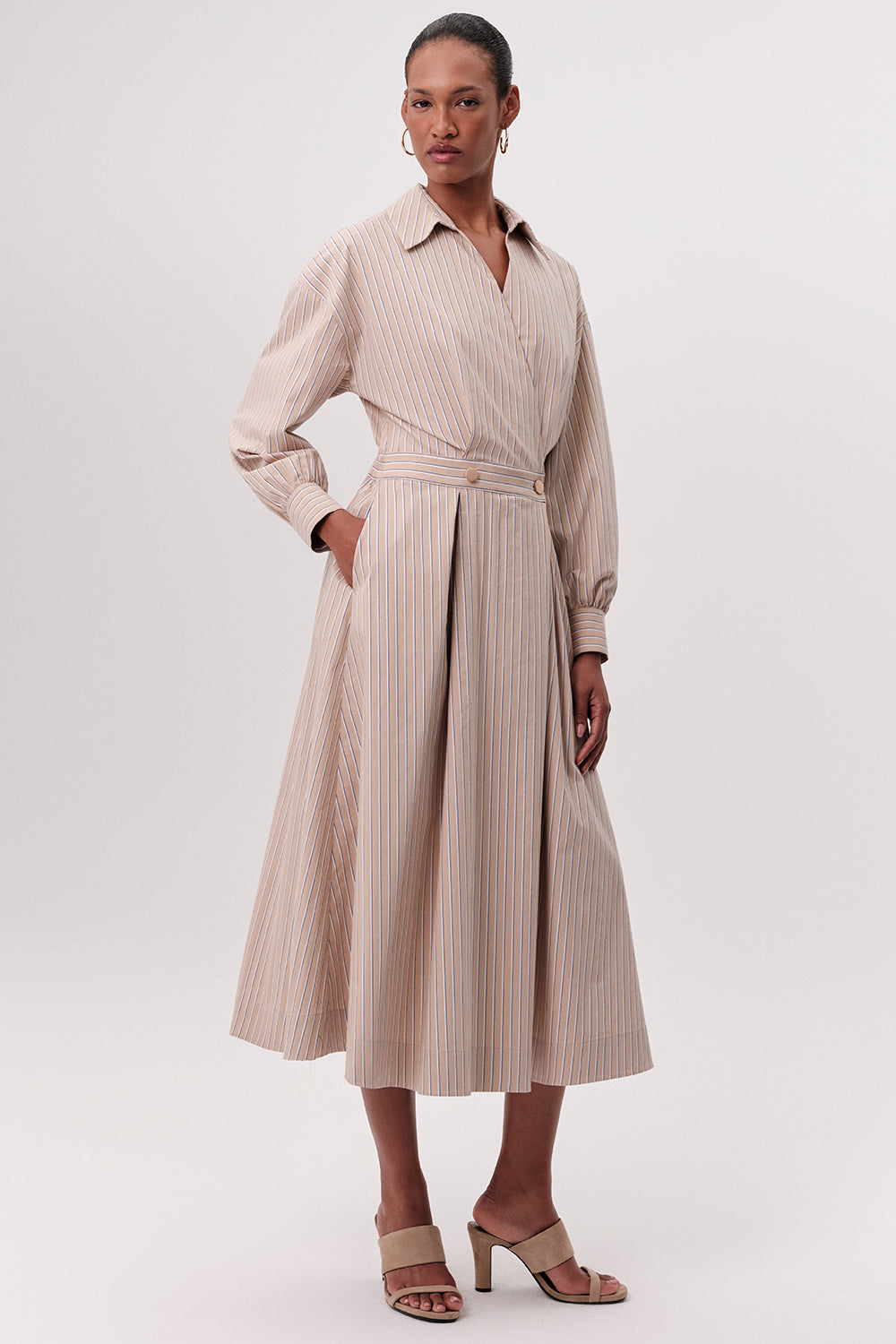 Kruvaze Yaka Beli Lastikli Cepli Regular Midi Çok Renkli Elbise