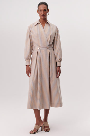 Kruvaze Yaka Beli Lastikli Cepli Regular Midi Çok Renkli Elbise