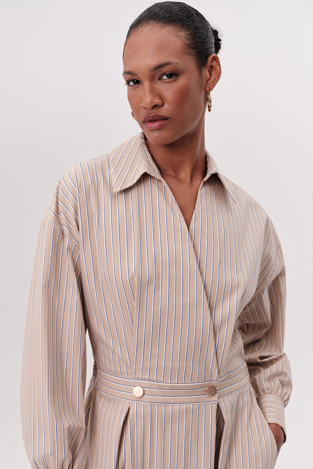 Kruvaze Yaka Beli Lastikli Cepli Regular Midi Çok Renkli Elbise