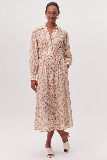 Gömlek Yaka Manşetli Bele Oturan Regular Midi Çok Renkli Elbise