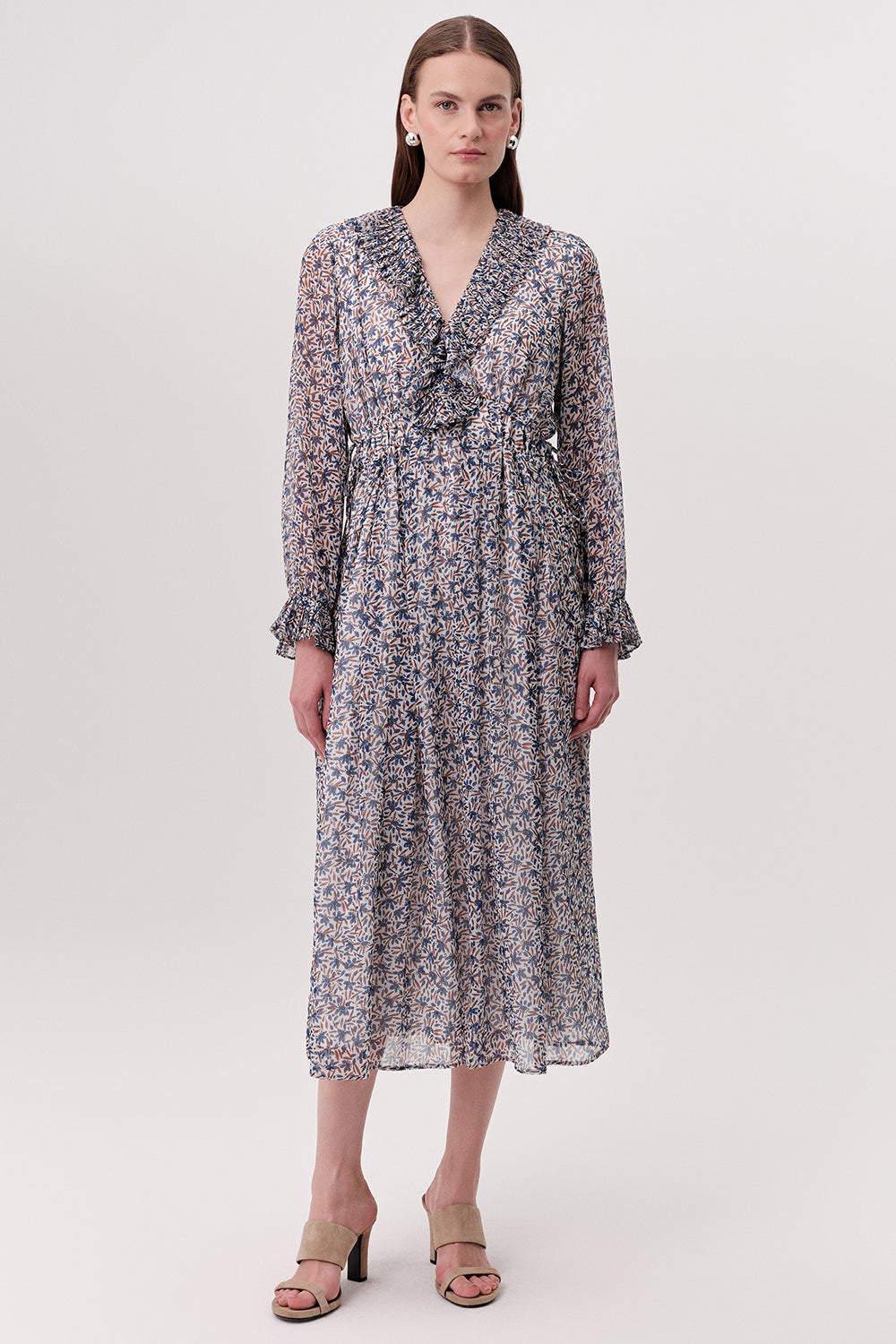 Piliseli Beli Bağcıklı V Yaka Astarlı Regular Midi Çok Renkli Elbise