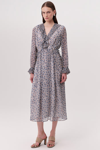 Piliseli Beli Bağcıklı V Yaka Astarlı Regular Midi Çok Renkli Elbise