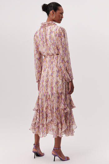 Uzun Kollu Beli Bağcıklı Eteği Parçalı Regular Midi Çok Renkli Elbise