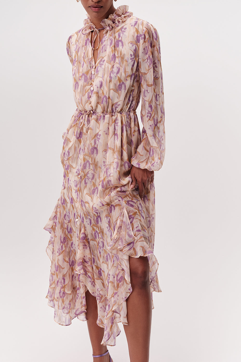 Uzun Kollu Beli Bağcıklı Eteği Parçalı Regular Midi Çok Renkli Elbise