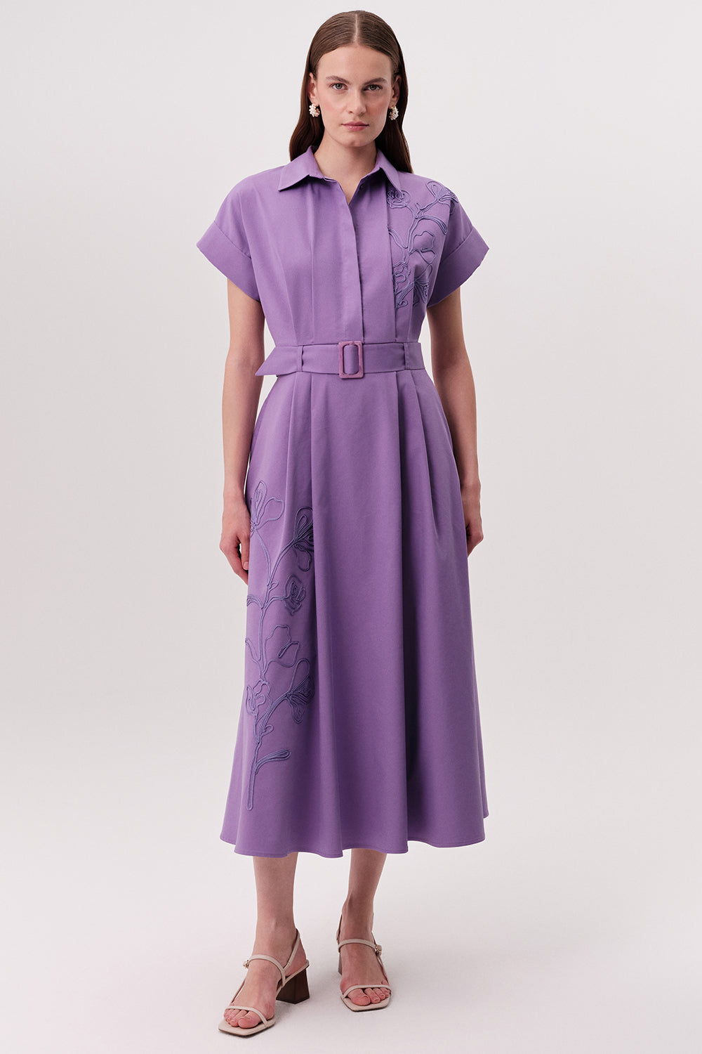 Gömlek Yaka Kısa Kollu Kemerli Cepli Regular Midi Lila Elbise