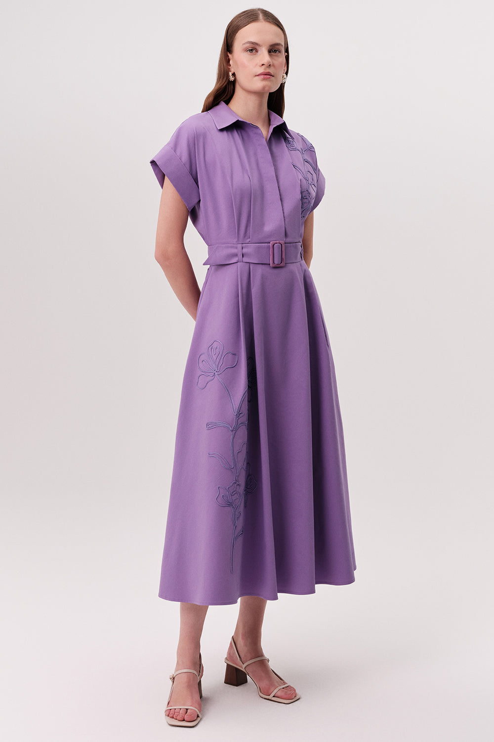 Gömlek Yaka Kısa Kollu Kemerli Cepli Regular Midi Lila Elbise
