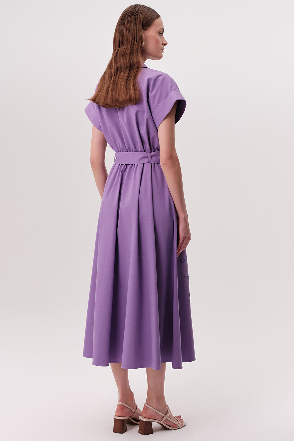 Gömlek Yaka Kısa Kollu Kemerli Cepli Regular Midi Lila Elbise