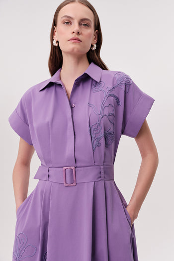 Gömlek Yaka Kısa Kollu Kemerli Cepli Regular Midi Lila Elbise