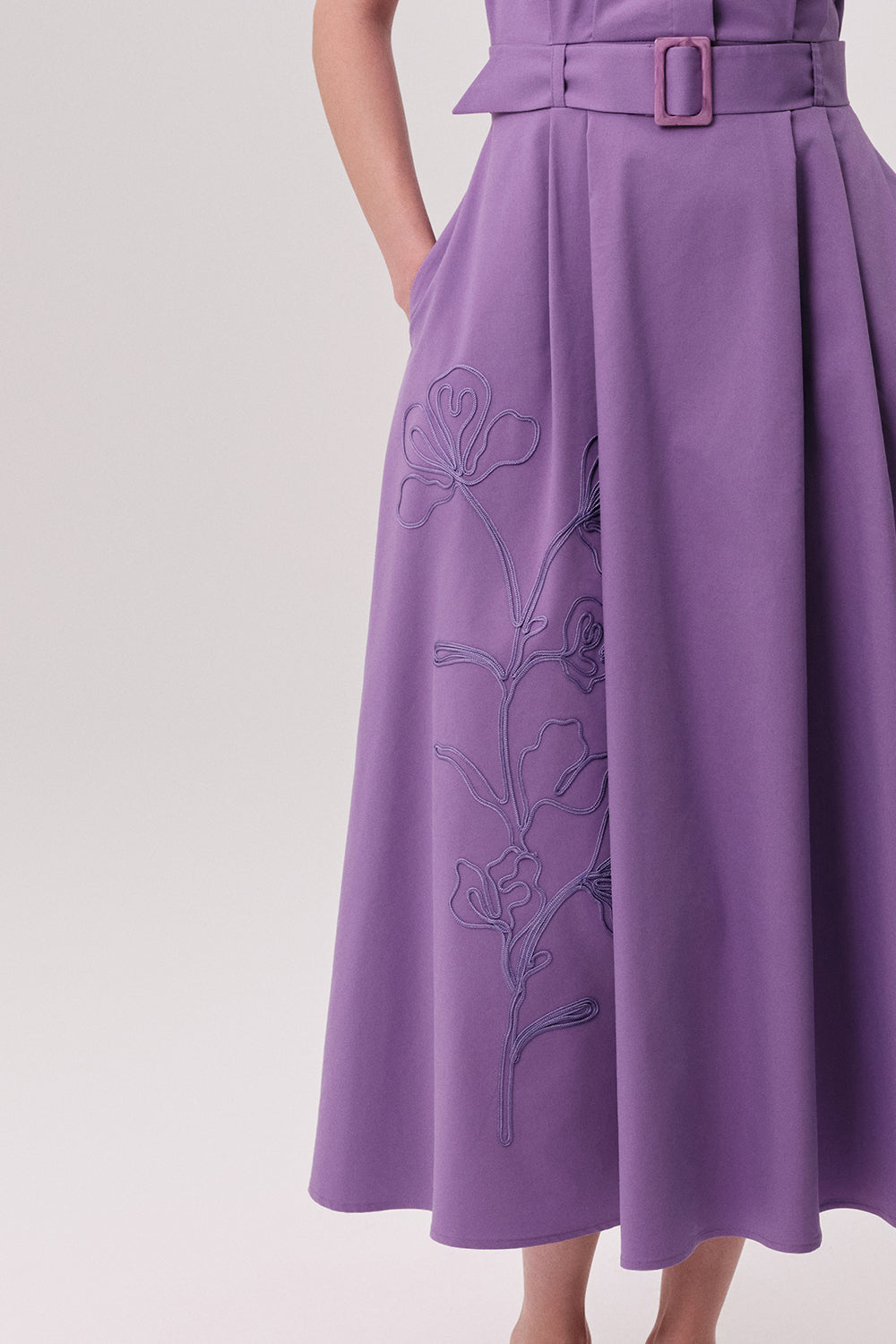 Gömlek Yaka Kısa Kollu Kemerli Cepli Regular Midi Lila Elbise