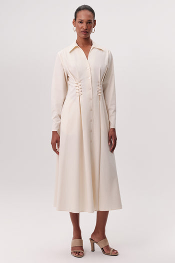 Kuş Gözü Detaylı Cepli Gömlek Yaka Regular Midi Krem Elbise