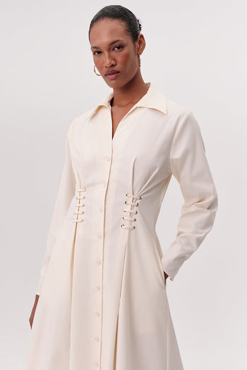 Kuş Gözü Detaylı Cepli Gömlek Yaka Regular Midi Krem Elbise
