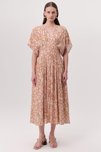 V Yaka Gipeli Bele Oturan Düğmeli Regular Midi Çok Renkli Elbise