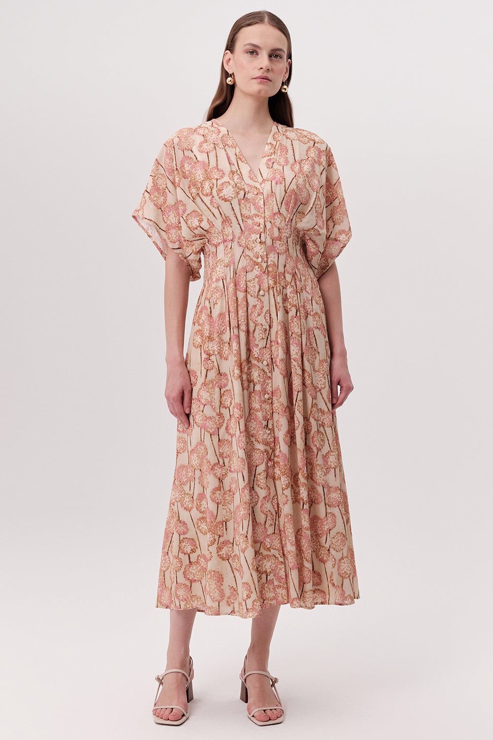 V Yaka Gipeli Bele Oturan Düğmeli Regular Midi Çok Renkli Elbise