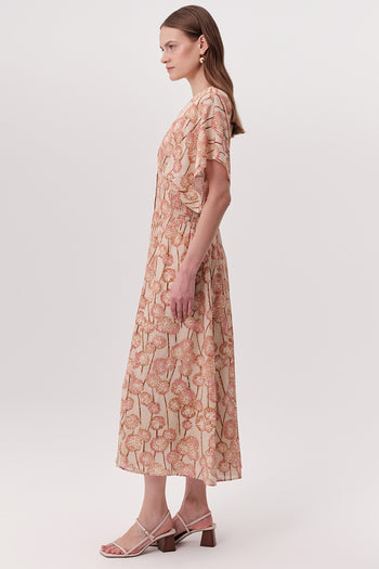 V Yaka Gipeli Bele Oturan Düğmeli Regular Midi Çok Renkli Elbise