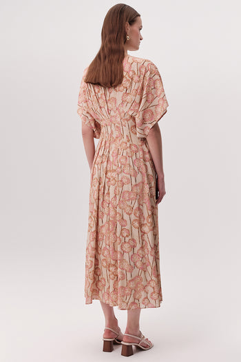 V Yaka Gipeli Bele Oturan Düğmeli Regular Midi Çok Renkli Elbise