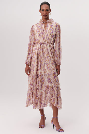 Uzun Kollu Beli Bağcıklı Eteği Parçalı Regular Midi Çok Renkli Elbise