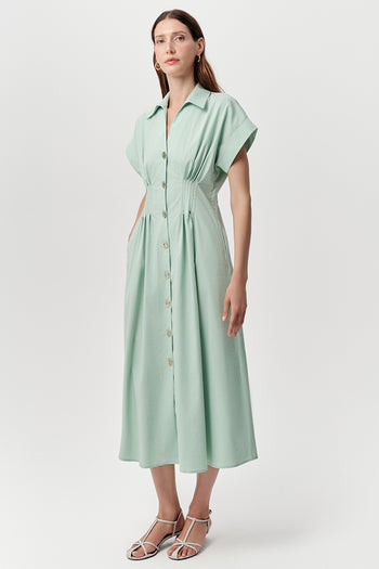 Gömlek Yaka Bele Oturan Lastikli Cepli Regular Midi Mint Elbise