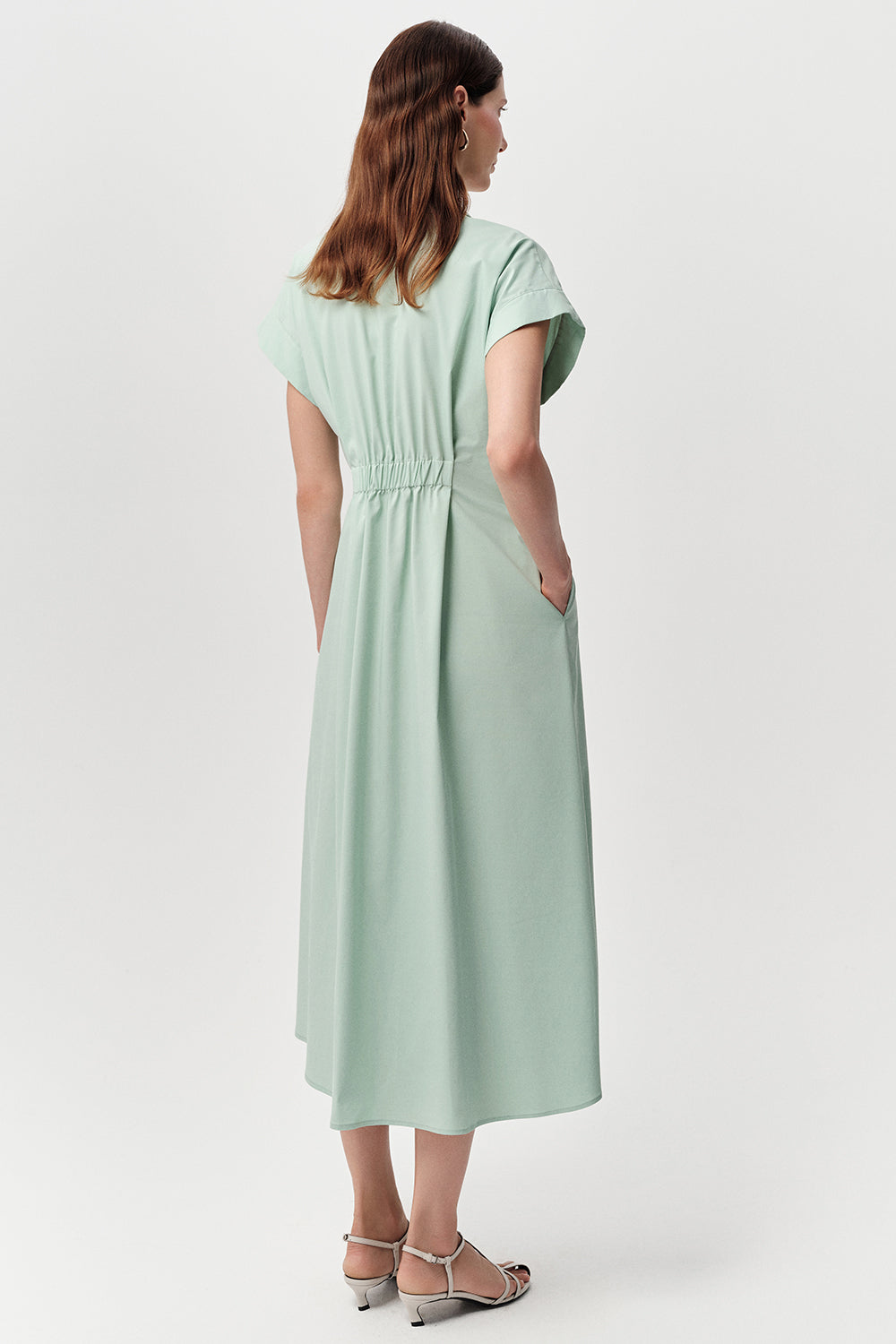 Gömlek Yaka Bele Oturan Lastikli Cepli Regular Midi Mint Elbise