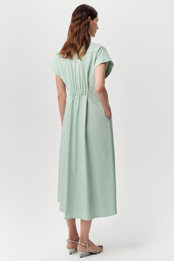 Gömlek Yaka Bele Oturan Lastikli Cepli Regular Midi Mint Elbise