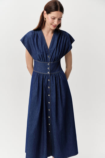 V Yaka Kısa Kollu Cepli Bele Oturan Regular Midi Mavi Elbise