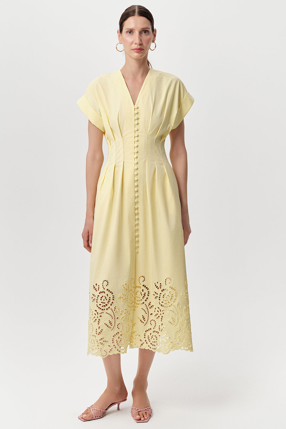 V Yaka Kısa Kollu Düğmeli Regular Midi Sarı Elbise
