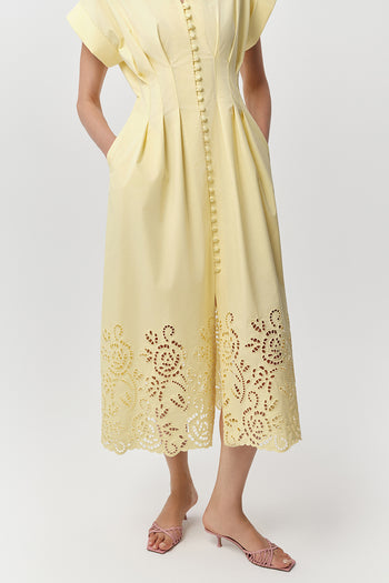 V Yaka Kısa Kollu Düğmeli Regular Midi Sarı Elbise