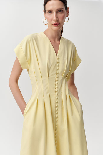 V Yaka Kısa Kollu Düğmeli Regular Midi Sarı Elbise
