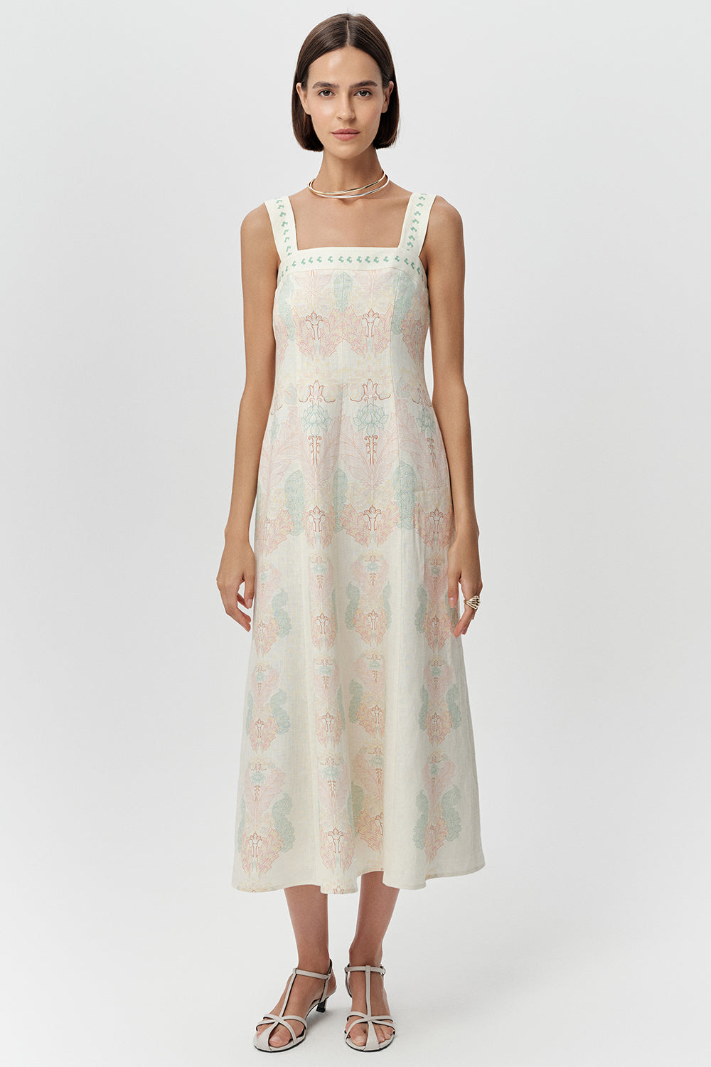 Bele Oturan Fermuarlı Keten Regular Midi Çok Renkli Elbise