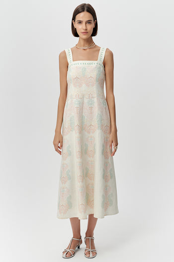 Bele Oturan Fermuarlı Keten Regular Midi Çok Renkli Elbise