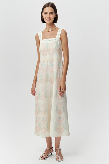 Bele Oturan Fermuarlı Keten Regular Midi Çok Renkli Elbise