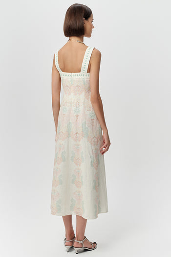 Bele Oturan Fermuarlı Keten Regular Midi Çok Renkli Elbise