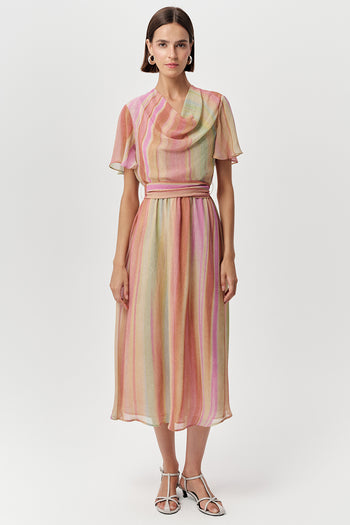 Degaje Yaka Kısa Kollu Astarlı Kuşaklı Midi Çok Renkli Elbise