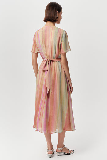 Degaje Yaka Kısa Kollu Astarlı Kuşaklı Midi Çok Renkli Elbise